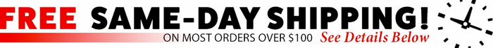 Free same-day shipping banner for most woodworking tool orders over $100 with clock graphic.