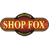 Shop Fox logo in bold red and yellow text with black background, woodworking tools branding