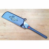 Japanese pull saw with protective sleeve on wood workbench, woodworking hand tool