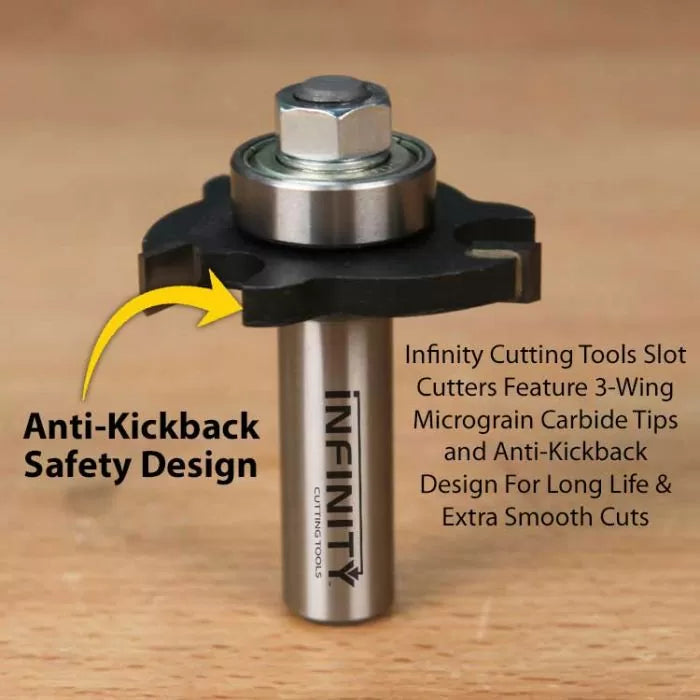 Slot cutter router bit with anti-kickback safety design and carbide tips on wood surface