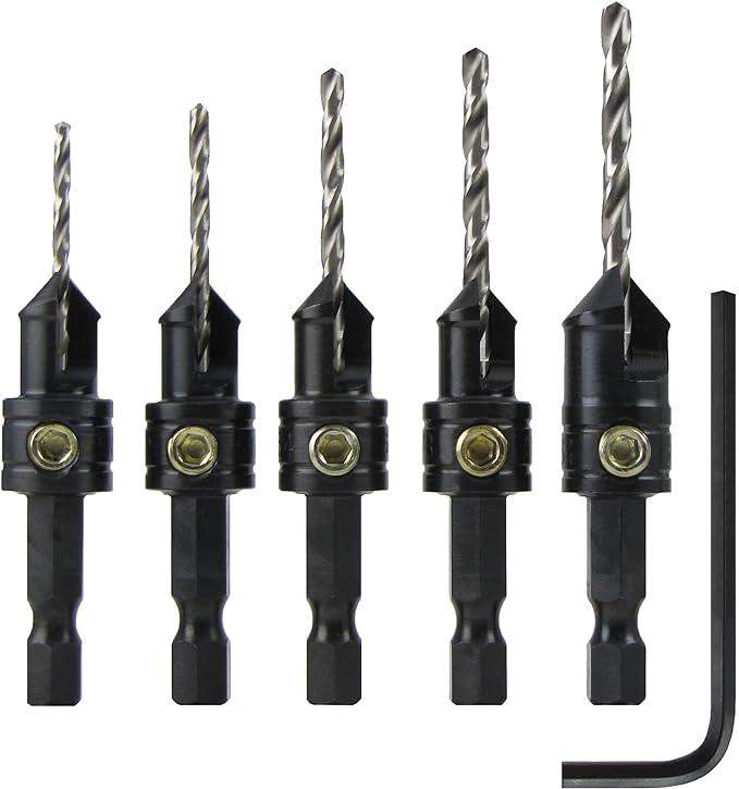 Set of five black countersink drill bits with hex shanks and included hex key for woodworking