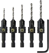 Set of five black countersink drill bits with hex shanks and included hex key for woodworking