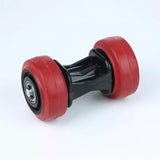 Red urethane router table stock guide wheel with black center hub on white background