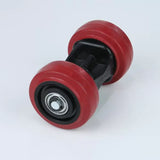 Dual red roller assembly for woodworking jigs with ball bearings on white background