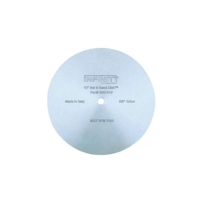 12-inch set and sand disc with 5/8-inch arbor for woodworking, labeled 'Infinity', on white background