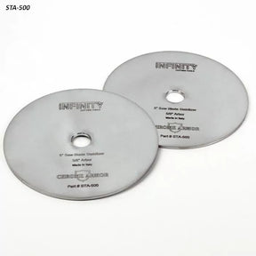 Pair of 5-inch saw blade stabilizers for 5/8" arbor, chrome finish, woodworking tool accessory