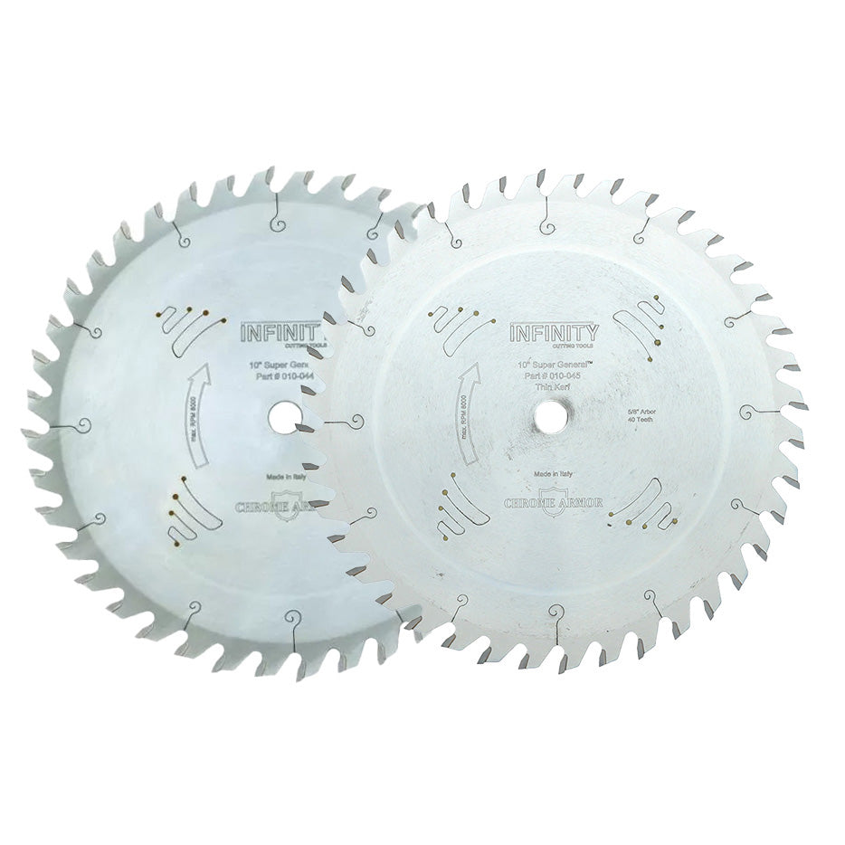 Two 10-inch circular saw blades for woodworking, featuring sharp teeth and metal finish