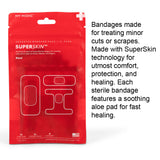 Red pouch of assorted SuperSkin bandages for minor cuts and scrapes, featuring aloe pad.
