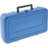 Blue plastic tool case with textured surface and black handle for woodworking accessories