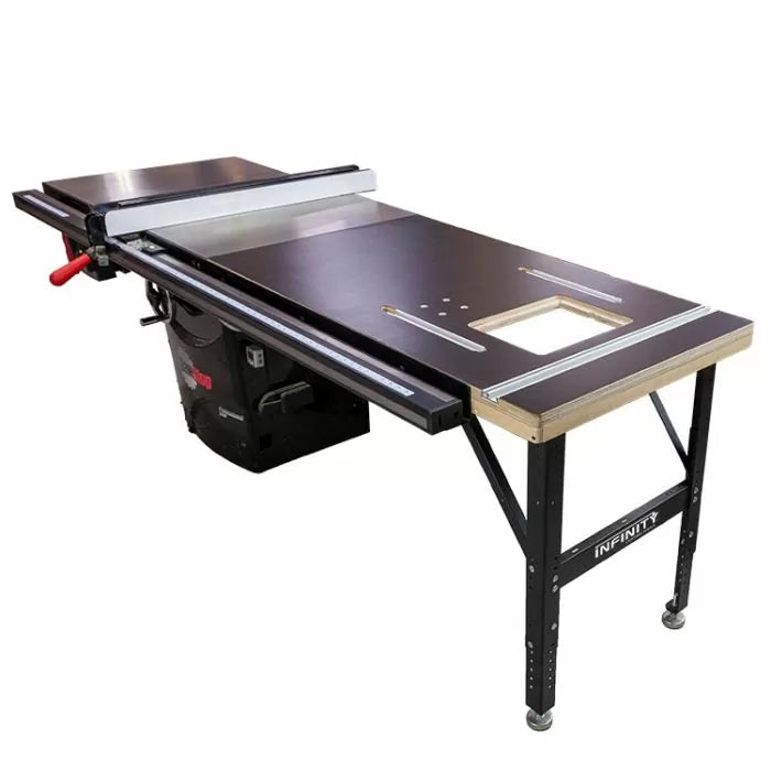 Woodworking table saw with router extension and black metal frame for precision cutting
