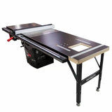 Woodworking table saw with router extension and black metal frame for precision cutting
