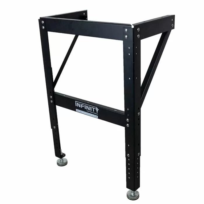 Heavy-duty adjustable metal router table stand with leveling feet for woodworking