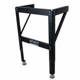 Heavy-duty adjustable metal router table stand with leveling feet for woodworking