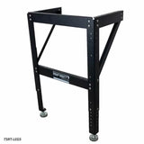 Adjustable black steel router table stand with leveling feet for woodworking shop