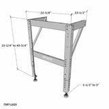 Adjustable metal router table stand with labeled dimensions and support braces.