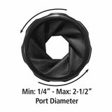 Adjustable black dust port with twisting fins, 1/4 to 2-1/2 inch diameter range.