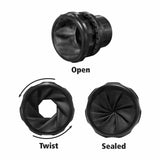 Black vacuum port cap showing open, twist, and sealed positions for dust collection systems