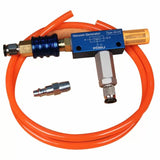 Vacuum generator kit with blue metal pump, orange hose, connectors, woodworking tool accessory
