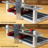 Woodworking jig with adjustable visor height shown at 3 inches and 2.5 inches using a ruler
