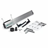 Woodworking router table fence system with dust collection parts and setup instructions.