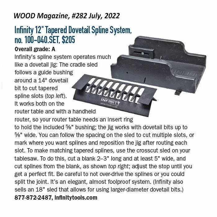 Infinity 12-inch tapered dovetail spline system with cradle sled and jig for woodworking, shown on white background.