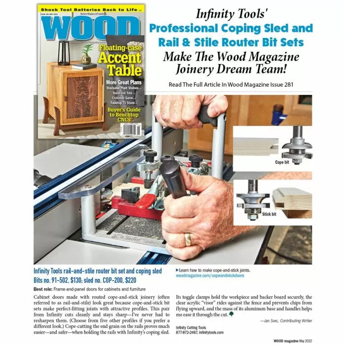 Woodworker using coping sled and rail and stile router bit set on router table with close-up bit diagrams