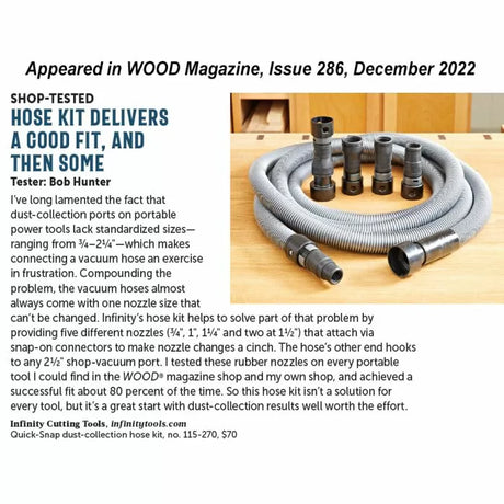Dust collection hose kit with five nozzle adapters on wooden workbench, optimized for woodworking.