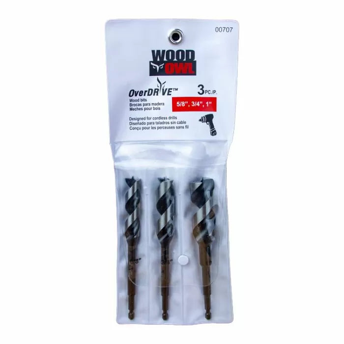 Pack of three WoodOwl Overdrive wood drill bits for cordless drills, sizes 5/8, 3/4, 1 inch.
