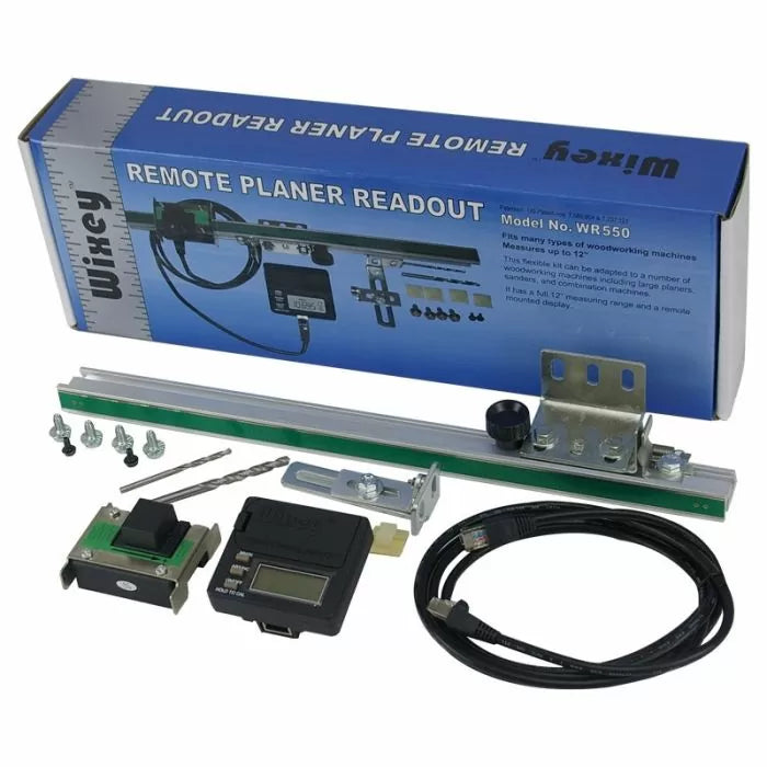 Digital planer readout kit with mounting hardware, electronic display, and cables for woodworking machines